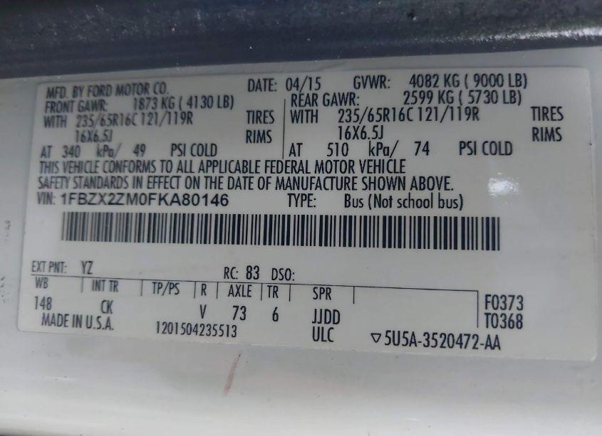 Photo 9 of 2015 Ford Transit-350 XLT (VIN 1FBZX2ZM0FKA80146)