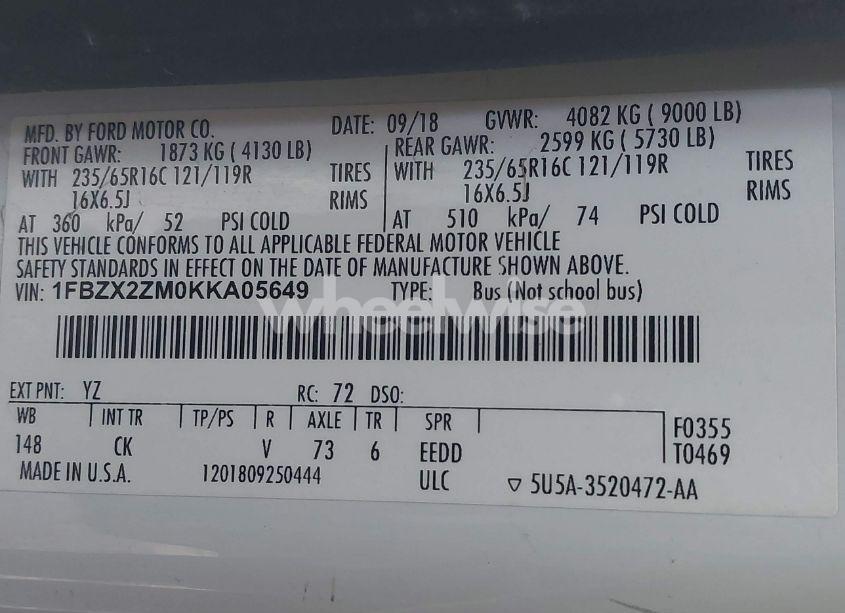 Photo 9 of 2019 Ford Transit-350 XLT (VIN 1FBZX2ZM0KKA05649)