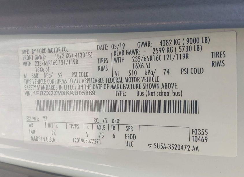 Photo 9 of 2019 Ford Transit-350 XLT (VIN 1FBZX2ZMXKKB05869)