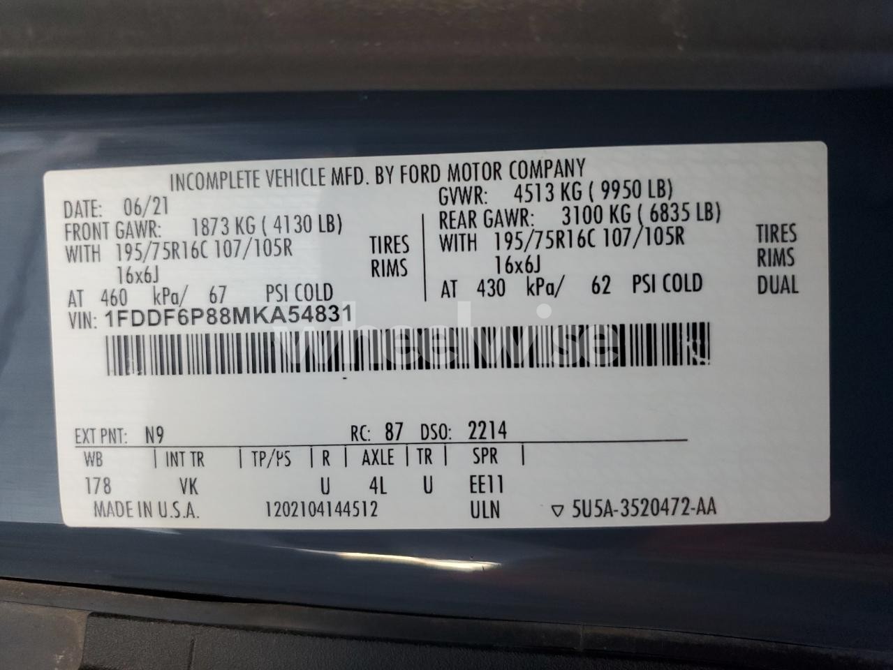 Photo 12 of 2021 FORD TRANSIT DELIVERY TRUCK (VIN 1FDDF6P88MKA54831)