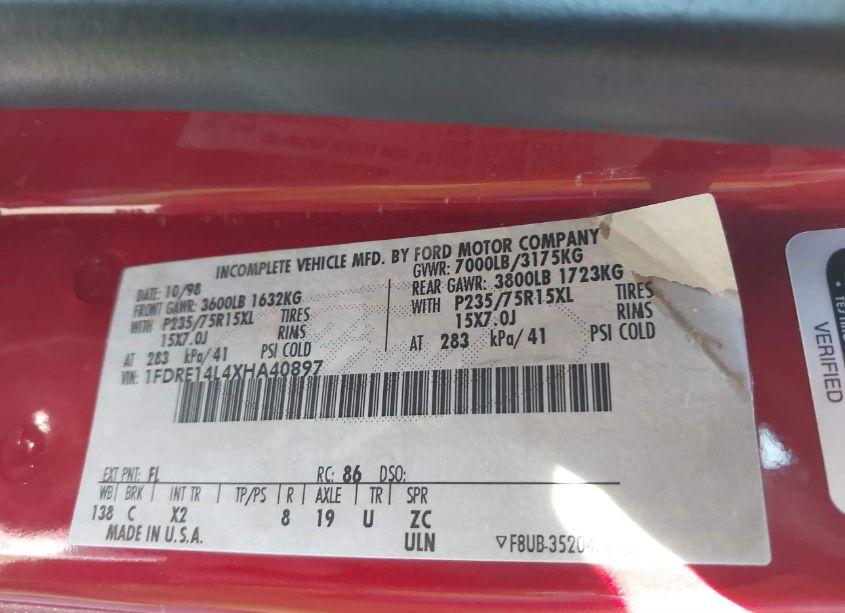 Photo 9 of 1999 Ford E-150 COMMERCIAL/RECREATIONAL (VIN 1FDRE14L4XHA40897)