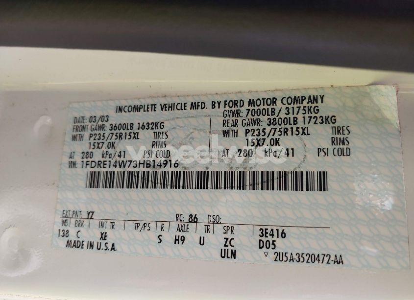 Photo 9 of 2003 Ford E-150 RECREATIONAL (VIN 1FDRE14W73HB14916)