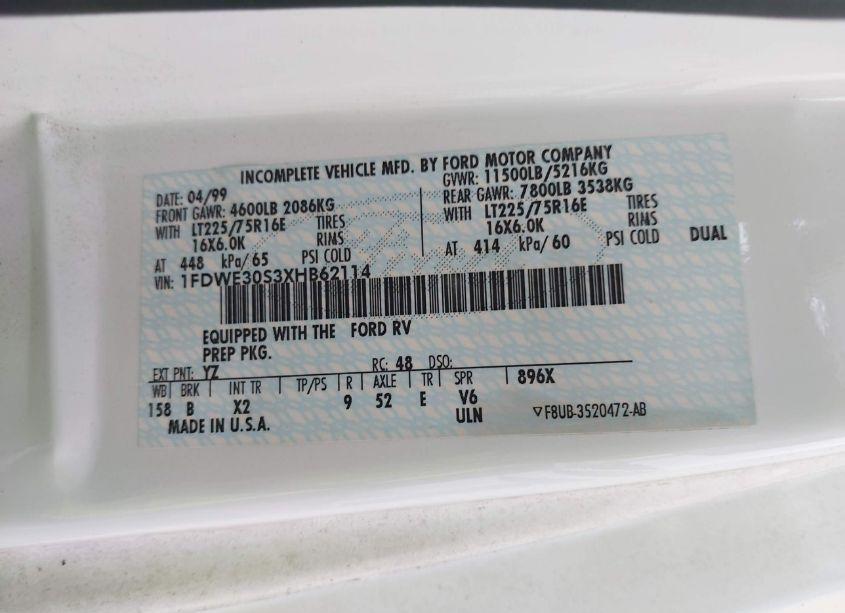 Photo 9 of 1999 Ford Econoline E350 SUPER DUTY CTWY V RV (VIN 1FDWE30S3XHB62114)