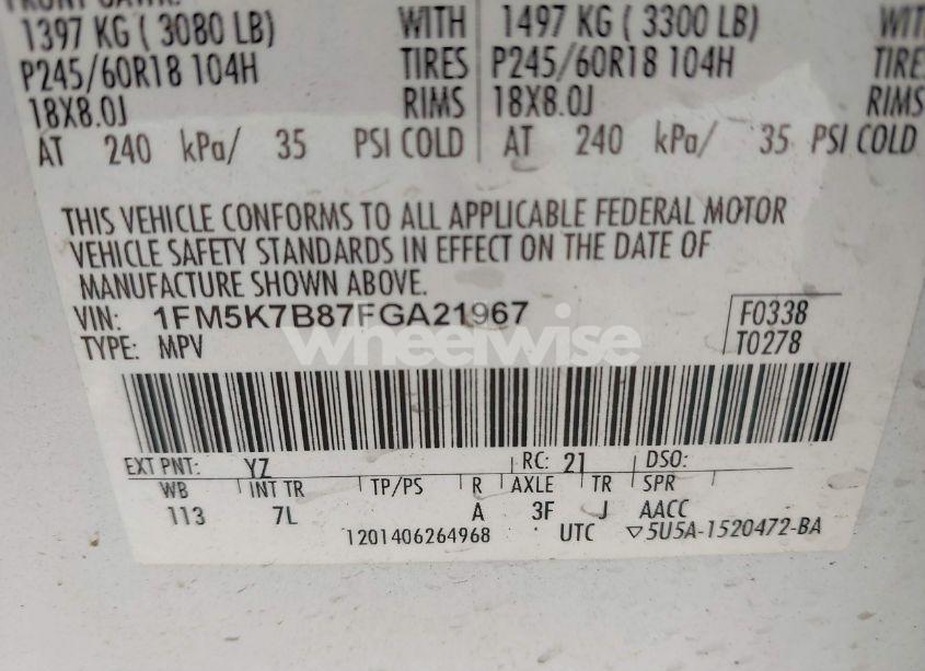 Photo 9 of 2015 Ford Explorer (VIN 1FM5K7B87FGA21967)