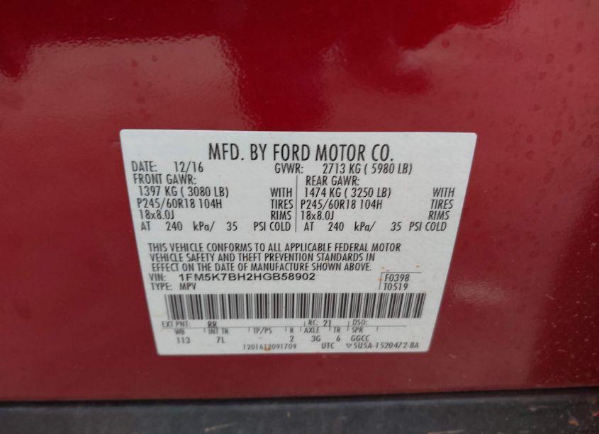 Photo 9 of 2017 Ford Explorer (VIN 1FM5K7BH2HGB58902)