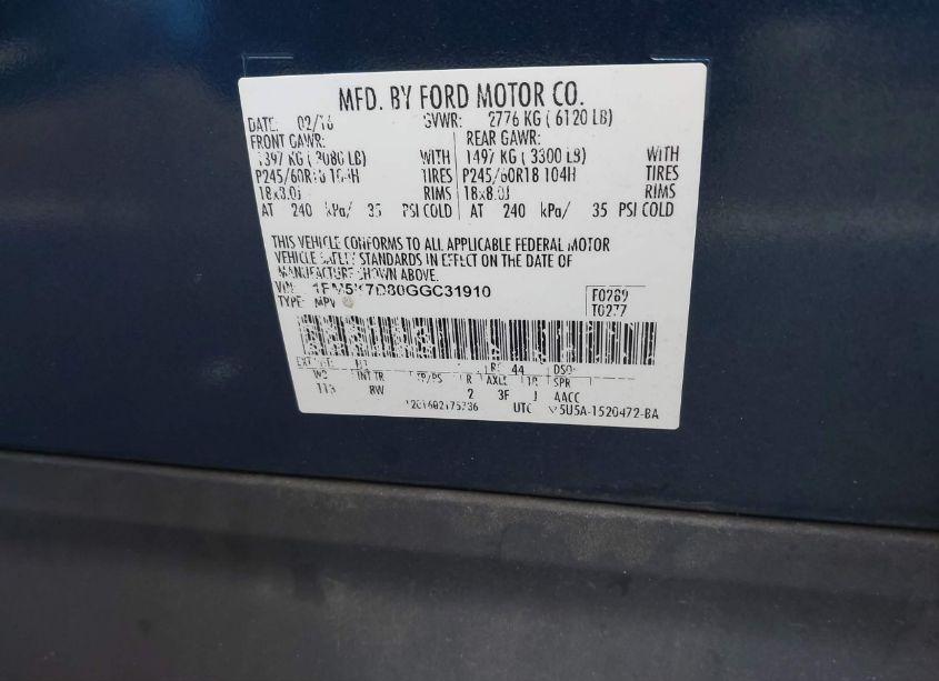 Photo 9 of 2016 Ford Explorer XLT (VIN 1FM5K7D80GGC31910)