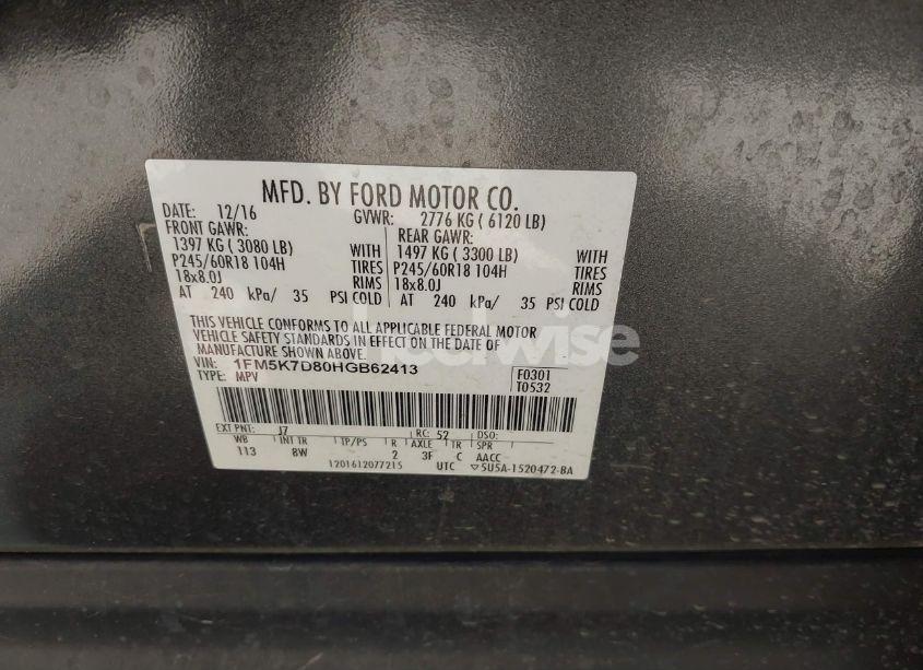 Photo 9 of 2017 Ford Explorer XLT (VIN 1FM5K7D80HGB62413)