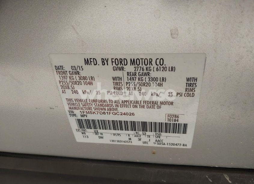 Photo 9 of 2015 Ford Explorer XLT (VIN 1FM5K7D81FGC24026)