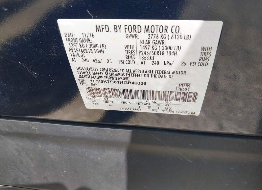 Photo 9 of 2017 Ford Explorer XLT (VIN 1FM5K7D81HGB46026)