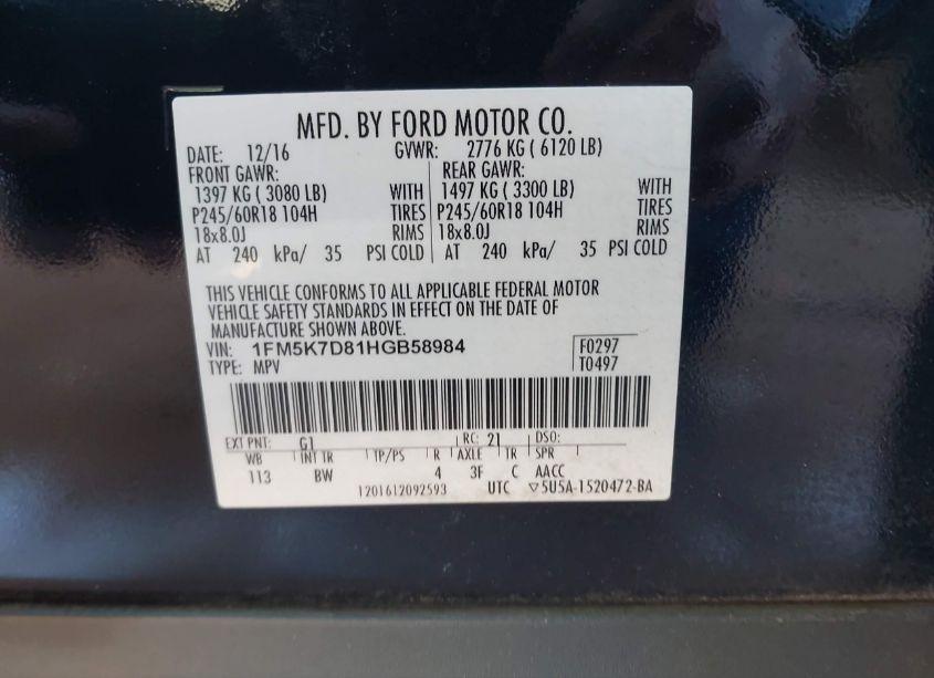 Photo 9 of 2017 Ford Explorer XLT (VIN 1FM5K7D81HGB58984)