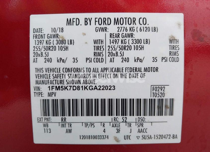 Photo 9 of 2019 Ford Explorer XLT (VIN 1FM5K7D81KGA22023)