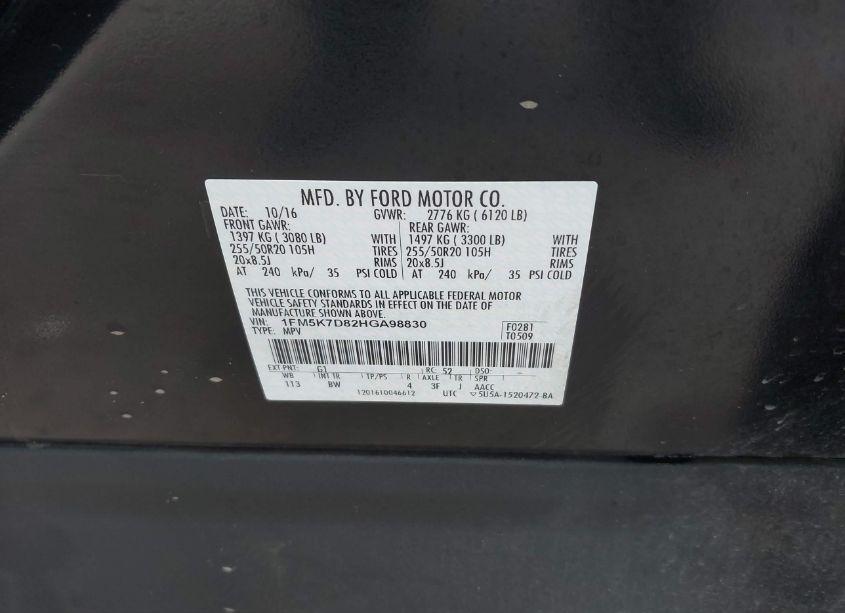 Photo 9 of 2017 Ford Explorer XLT (VIN 1FM5K7D82HGA98830)