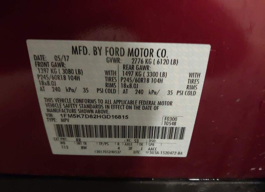 Photo 9 of 2017 Ford Explorer XLT (VIN 1FM5K7D82HGD16815)