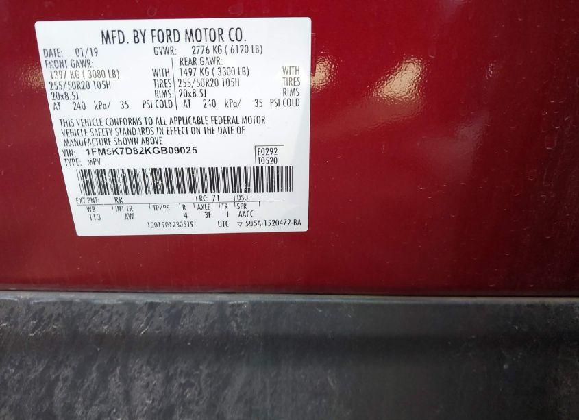 Photo 9 of 2019 Ford Explorer XLT (VIN 1FM5K7D82KGB09025)