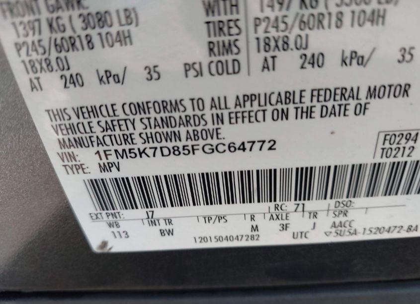 Photo 9 of 2015 Ford Explorer XLT (VIN 1FM5K7D85FGC64772)