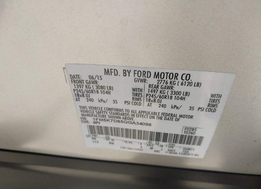 Photo 9 of 2016 Ford Explorer XLT (VIN 1FM5K7D85GGA34098)