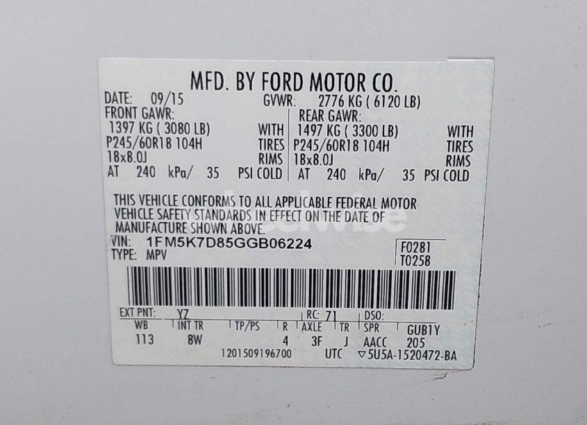 Photo 9 of 2016 Ford Explorer XLT (VIN 1FM5K7D85GGB06224)