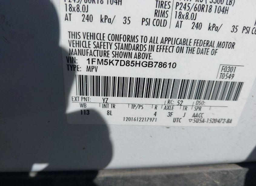 Photo 9 of 2017 Ford Explorer XLT (VIN 1FM5K7D85HGB78610)