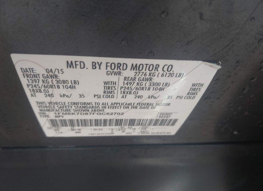 Photo 9 of 2015 Ford Explorer XLT (VIN 1FM5K7D87FGC62702)