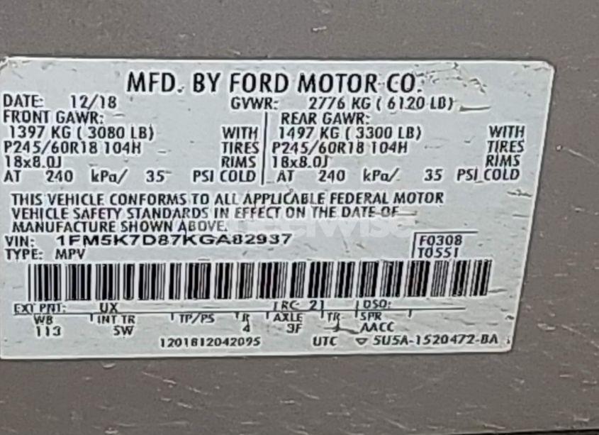 Photo 9 of 2019 Ford Explorer XLT (VIN 1FM5K7D87KGA82937)