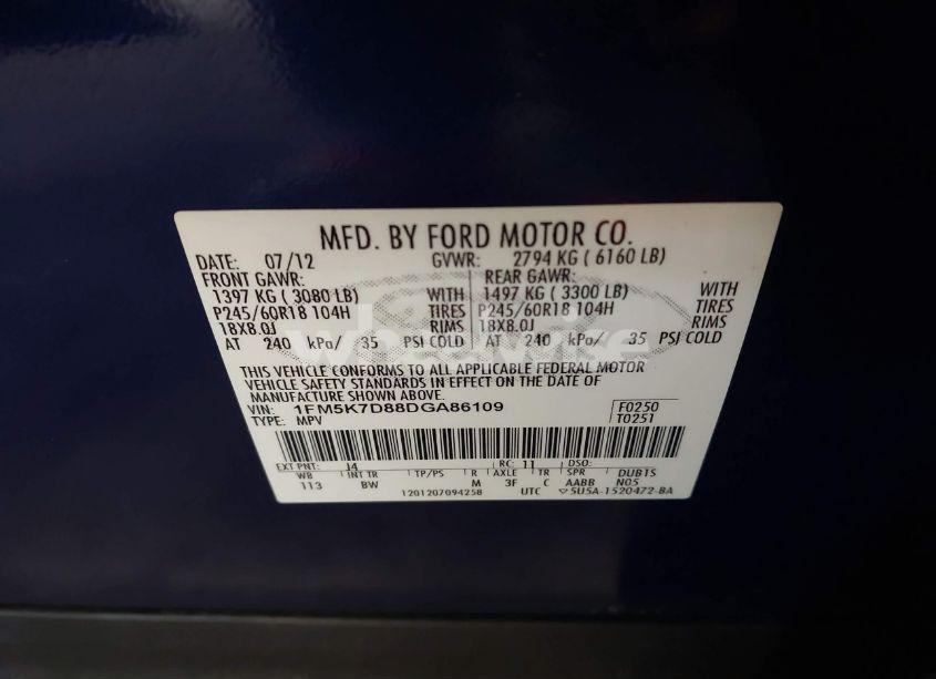 Photo 9 of 2013 Ford Explorer XLT (VIN 1FM5K7D88DGA86109)