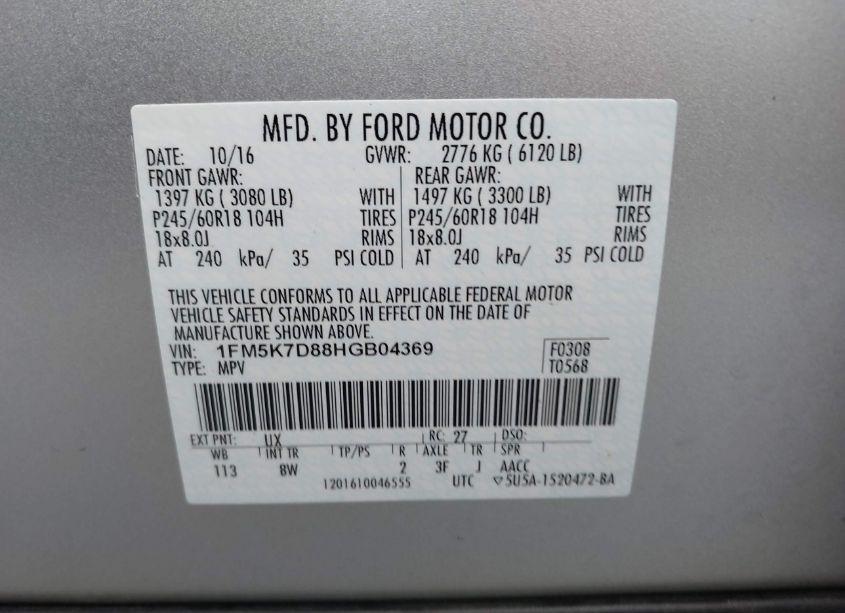 Photo 9 of 2017 Ford Explorer XLT (VIN 1FM5K7D88HGB04369)