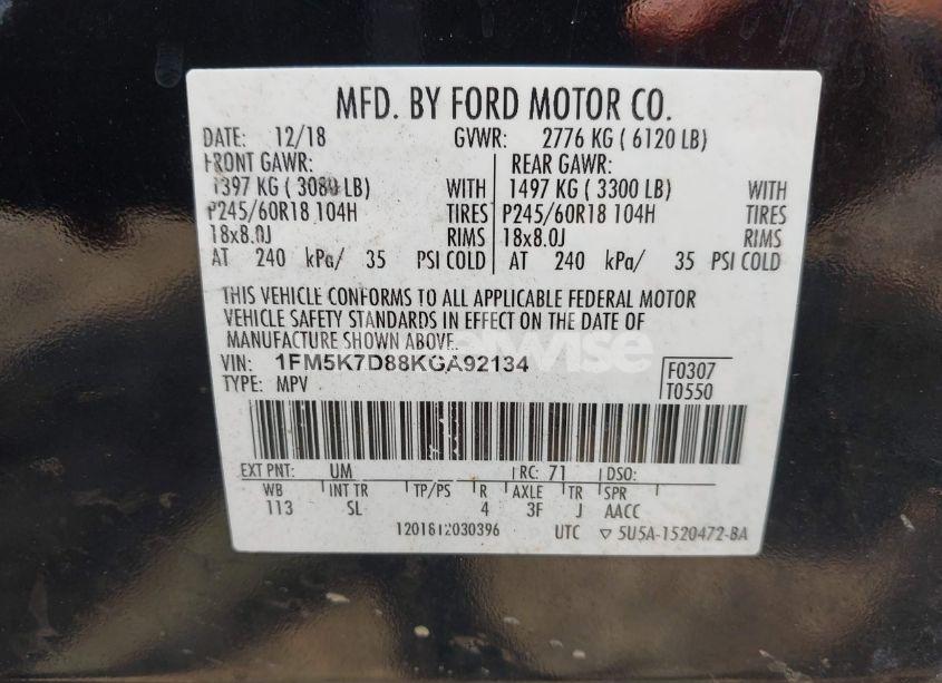 Photo 9 of 2019 Ford Explorer XLT (VIN 1FM5K7D88KGA92134)