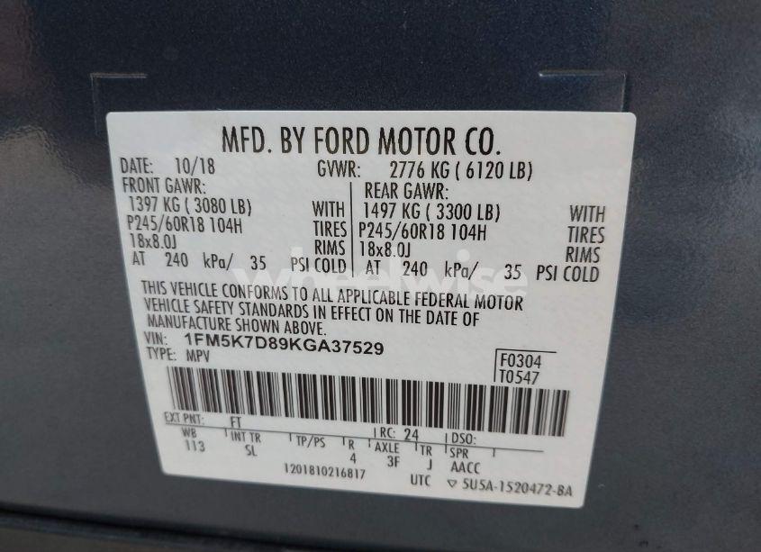 Photo 9 of 2019 Ford Explorer XLT (VIN 1FM5K7D89KGA37529)