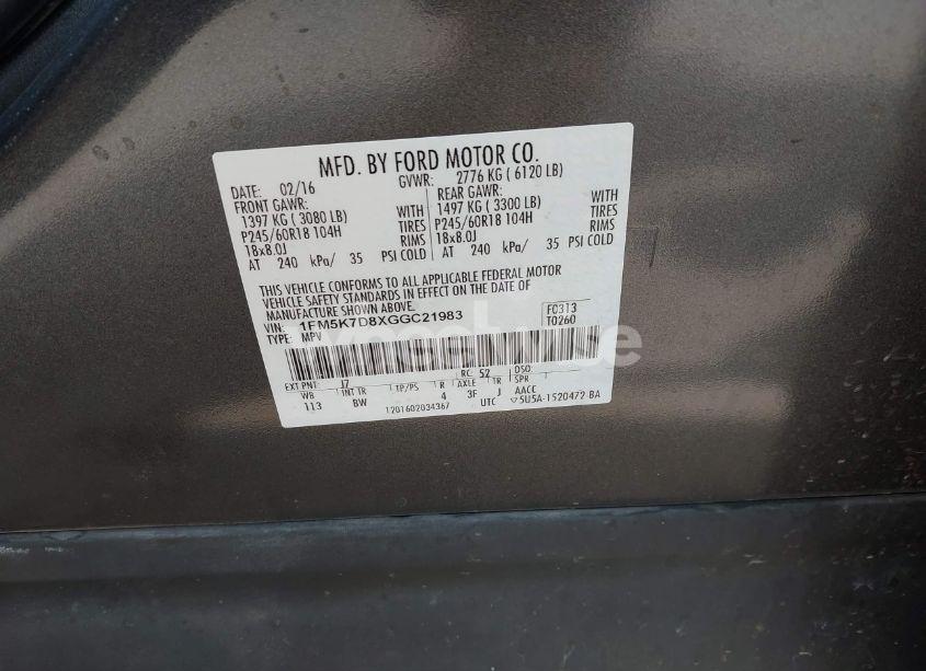 Photo 9 of 2016 Ford Explorer XLT (VIN 1FM5K7D8XGGC21983)