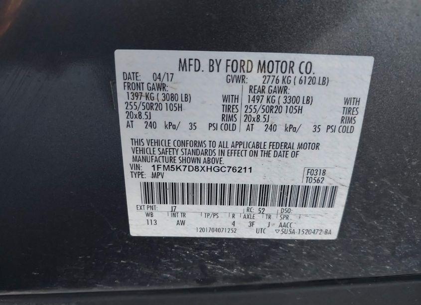 Photo 9 of 2017 Ford Explorer XLT (VIN 1FM5K7D8XHGC76211)