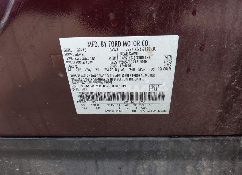 Photo 9 of 2019 Ford Explorer XLT (VIN 1FM5K7D8XKGA06001)