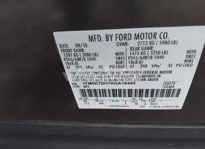 Photo 9 of 2019 Ford Explorer XLT (VIN 1FM5K7DH7KGA18445)