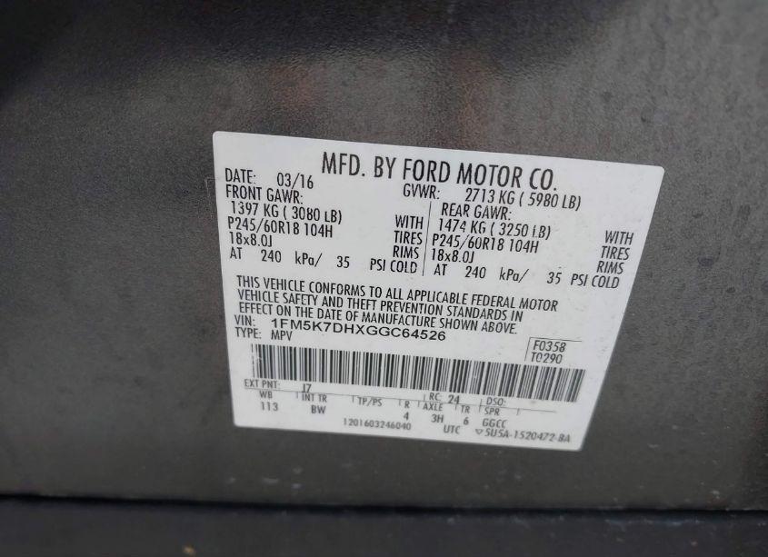 Photo 9 of 2016 Ford Explorer XLT (VIN 1FM5K7DHXGGC64526)