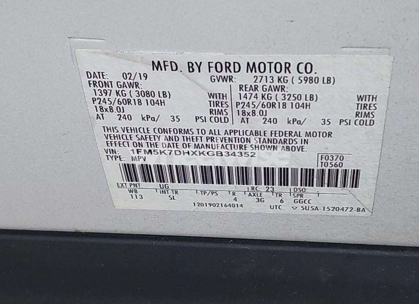 Photo 9 of 2019 Ford Explorer XLT (VIN 1FM5K7DHXKGB34352)