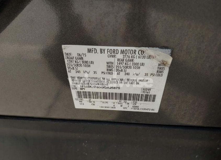 Photo 9 of 2016 Ford Explorer LIMITED (VIN 1FM5K7F80GGA26875)