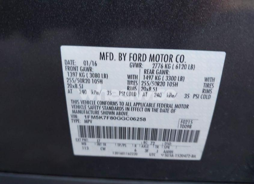 Photo 9 of 2016 Ford Explorer LIMITED (VIN 1FM5K7F80GGC06258)