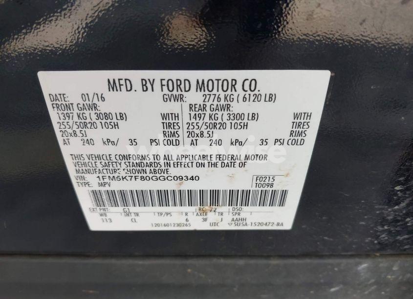 Photo 9 of 2016 Ford Explorer LIMITED (VIN 1FM5K7F80GGC09340)