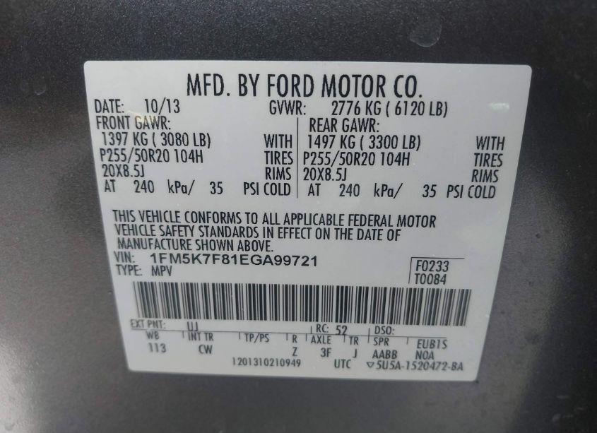 Photo 9 of 2014 Ford Explorer LIMITED (VIN 1FM5K7F81EGA99721)