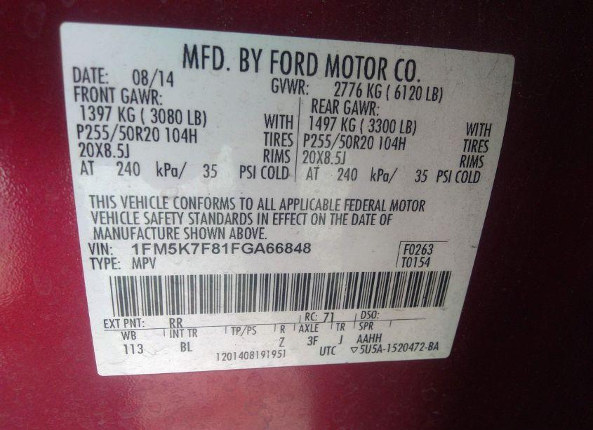 Photo 9 of 2015 Ford Explorer LIMITED (VIN 1FM5K7F81FGA66848)