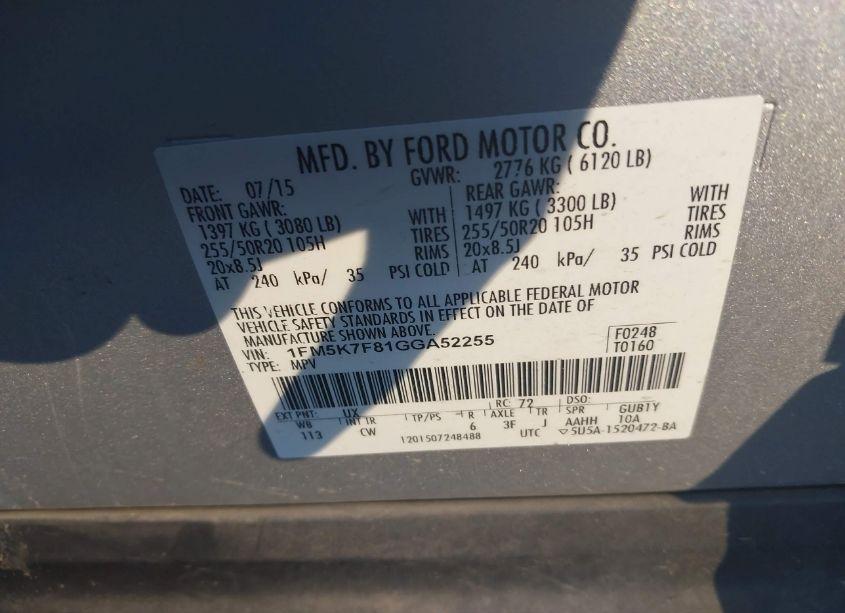 Photo 9 of 2016 Ford Explorer LIMITED (VIN 1FM5K7F81GGA52255)