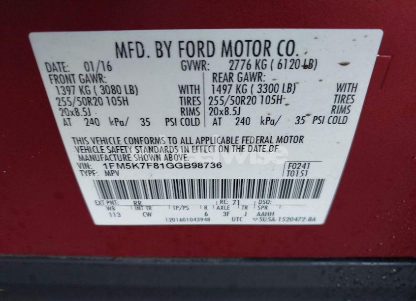 Photo 9 of 2016 Ford Explorer LIMITED (VIN 1FM5K7F81GGB98736)