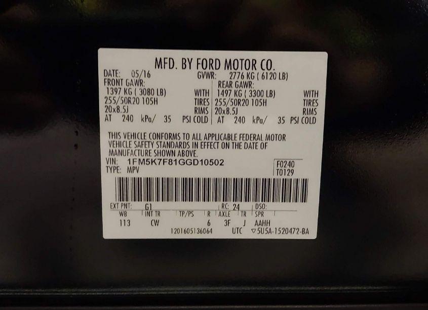 Photo 9 of 2016 Ford Explorer LIMITED (VIN 1FM5K7F81GGD10502)