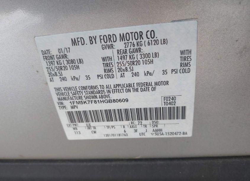 Photo 9 of 2017 Ford Explorer LIMITED (VIN 1FM5K7F81HGB80609)