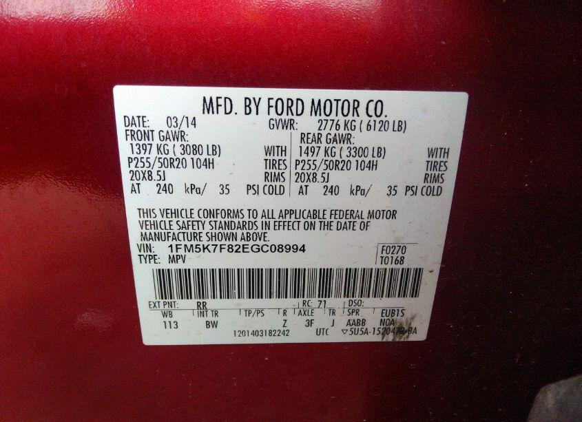 Photo 9 of 2014 Ford Explorer LIMITED (VIN 1FM5K7F82EGC08994)