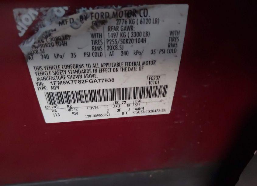 Photo 9 of 2015 Ford Explorer LIMITED (VIN 1FM5K7F82FGA77938)