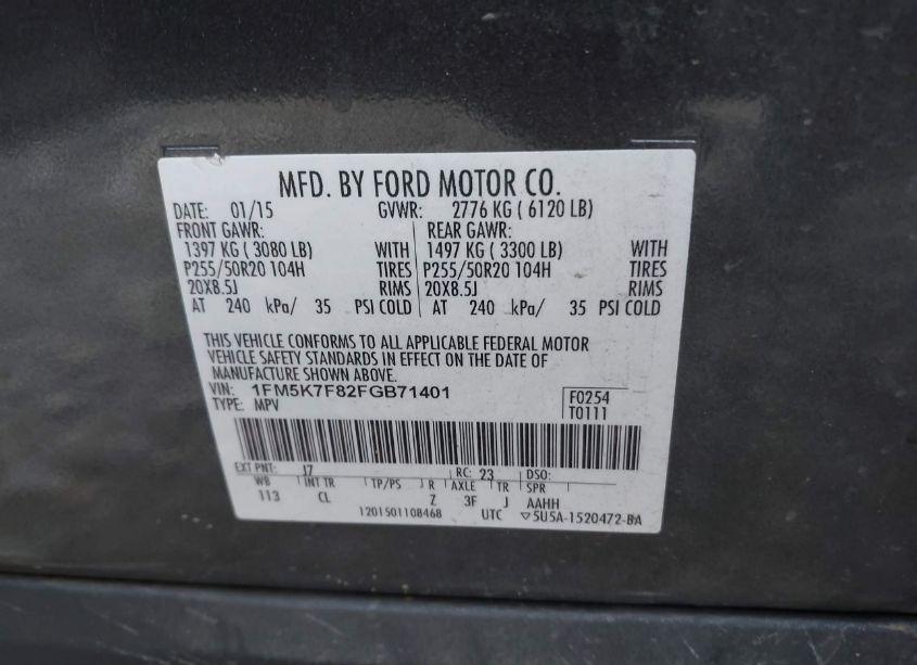 Photo 9 of 2015 Ford Explorer LIMITED (VIN 1FM5K7F82FGB71401)