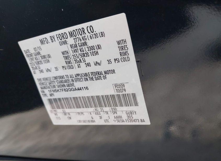 Photo 9 of 2016 Ford Explorer LIMITED (VIN 1FM5K7F82GGA44116)