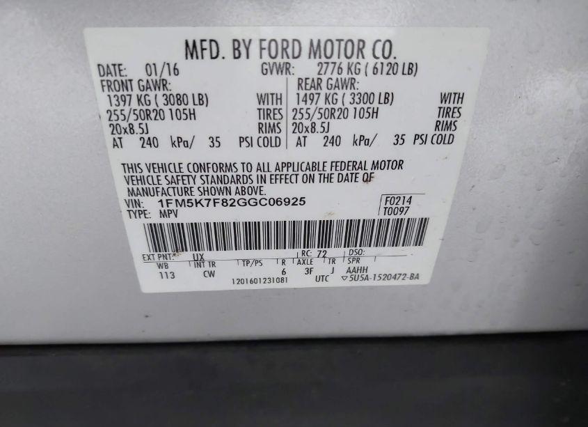 Photo 9 of 2016 Ford Explorer LIMITED (VIN 1FM5K7F82GGC06925)