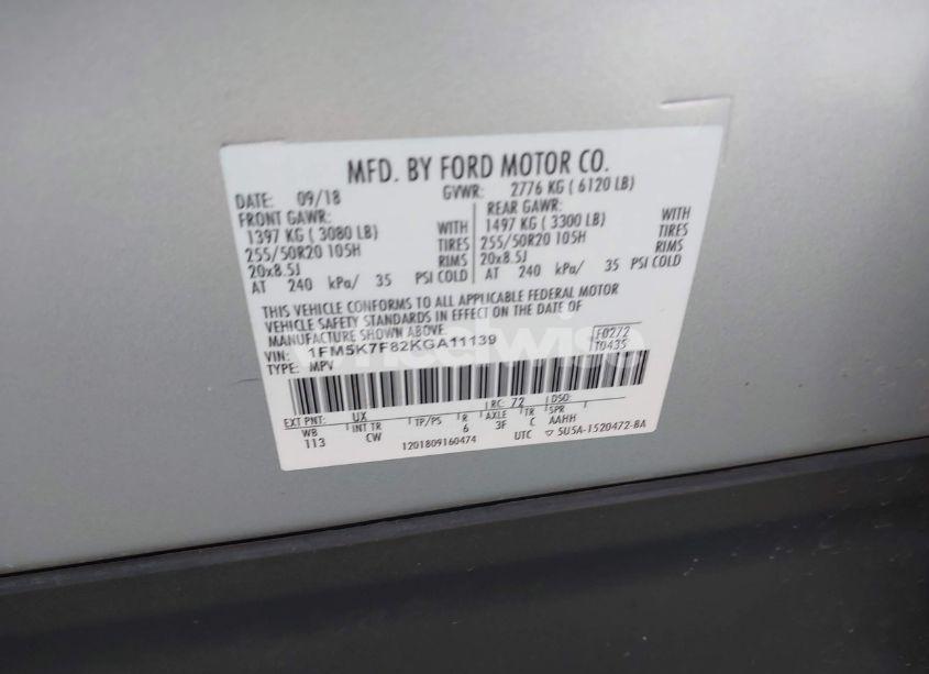 Photo 9 of 2019 Ford Explorer LIMITED (VIN 1FM5K7F82KGA11139)