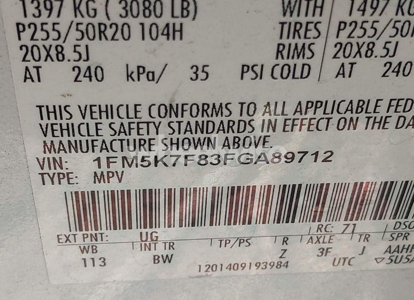 Photo 9 of 2015 Ford Explorer LIMITED (VIN 1FM5K7F83FGA89712)